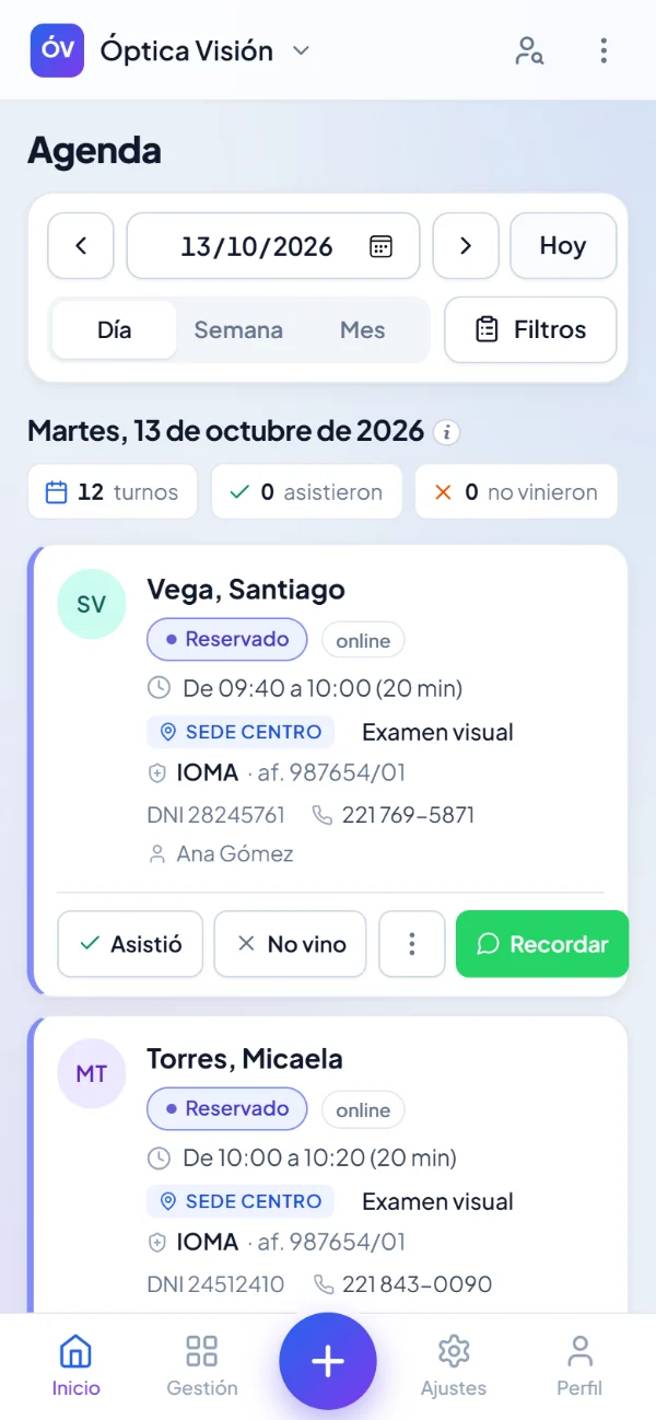 Agenda de una óptica en el celular: turnos con IOMA y número de afiliado