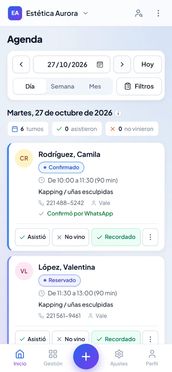 Agenda en el celular: turnos recordados por WhatsApp y una clienta que confirmó