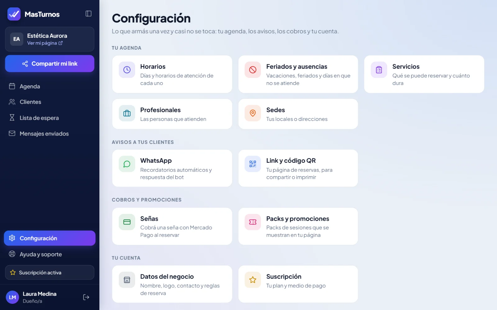 Página Configuración con tarjetas: horarios, feriados, servicios, profesionales, sedes, WhatsApp, link y QR, señas, packs, datos del negocio y suscripción