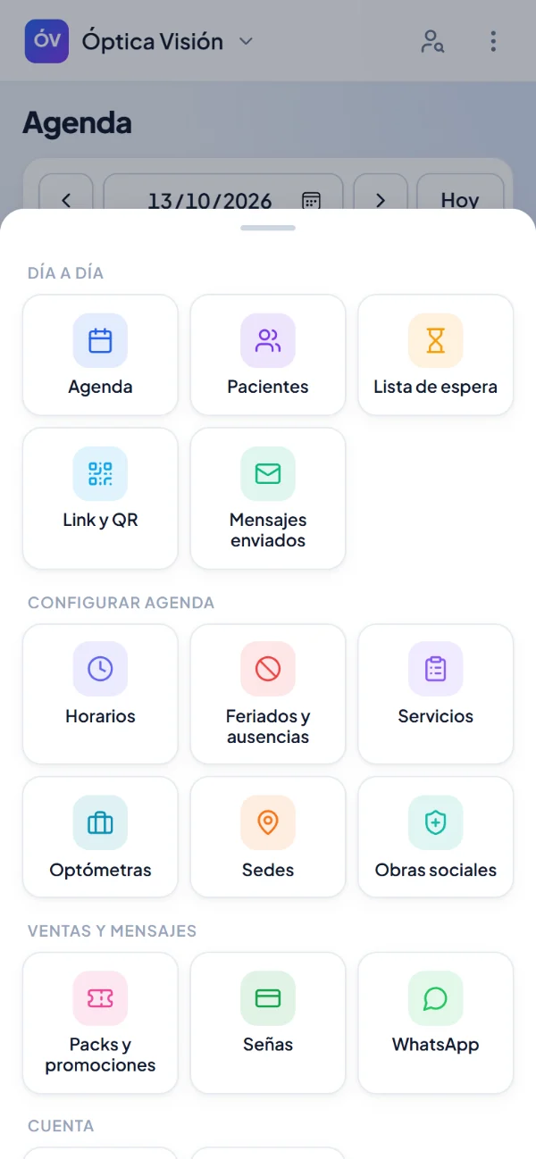 Menú Gestión en el celular: agenda, clientes, lista de espera, horarios, servicios, sedes y más