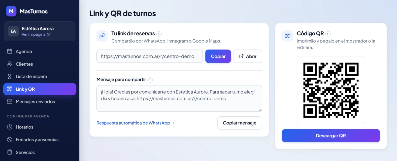 Pantalla Link y QR: link de reservas, mensaje para compartir y código QR para descargar