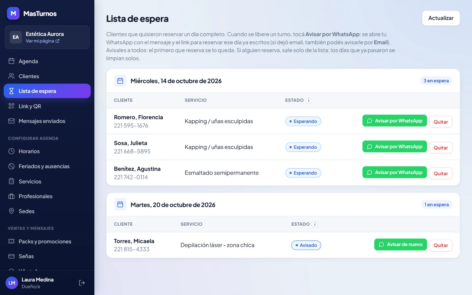 Lista de espera agrupada por día, con botones Avisar por WhatsApp