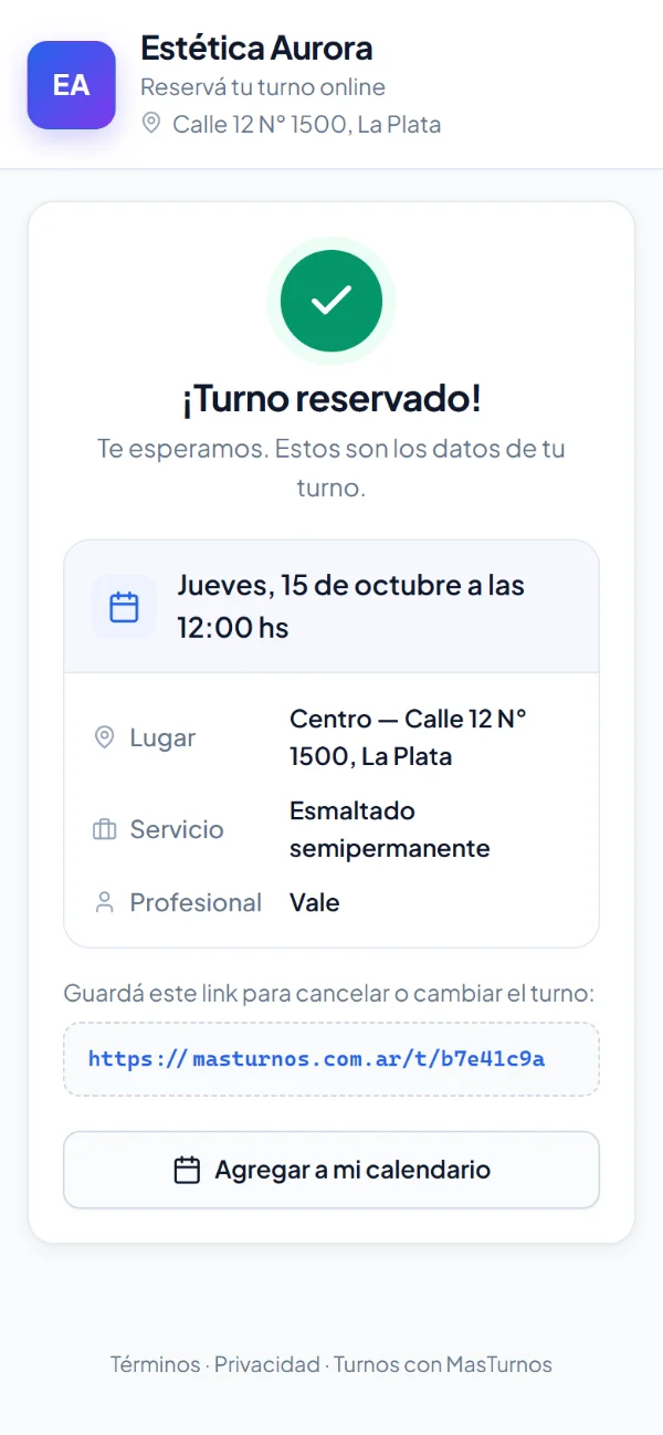Confirmación del turno reservado con fecha, lugar, servicio y profesional