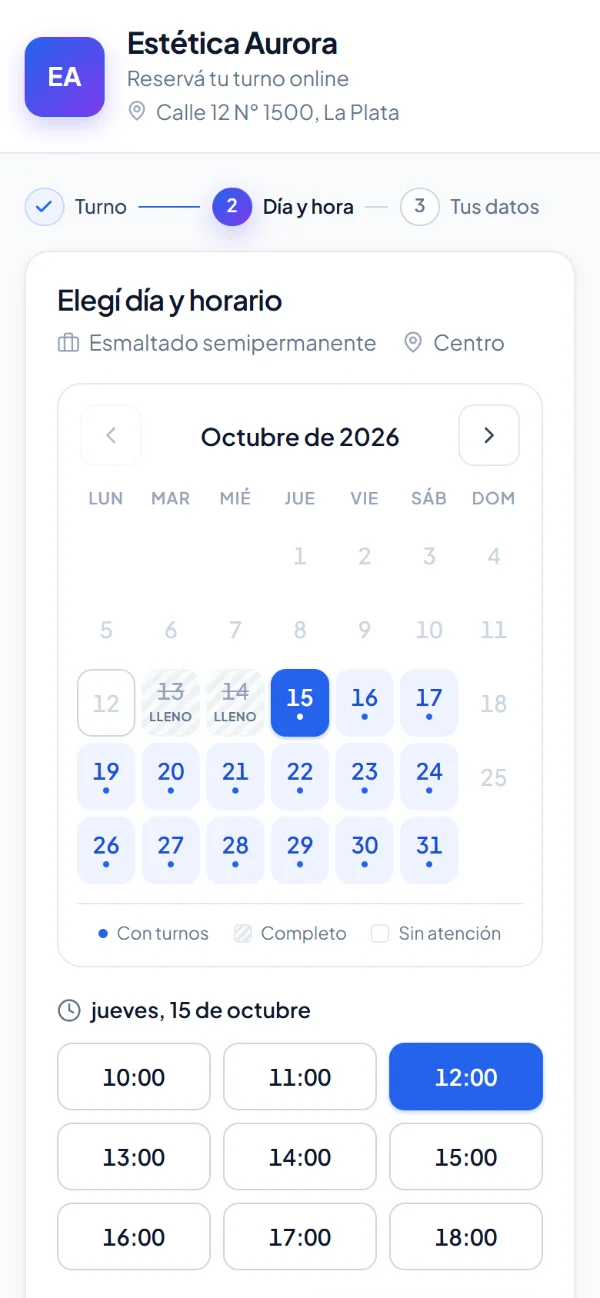 Página de reservas en el celular del cliente: elige día y horario