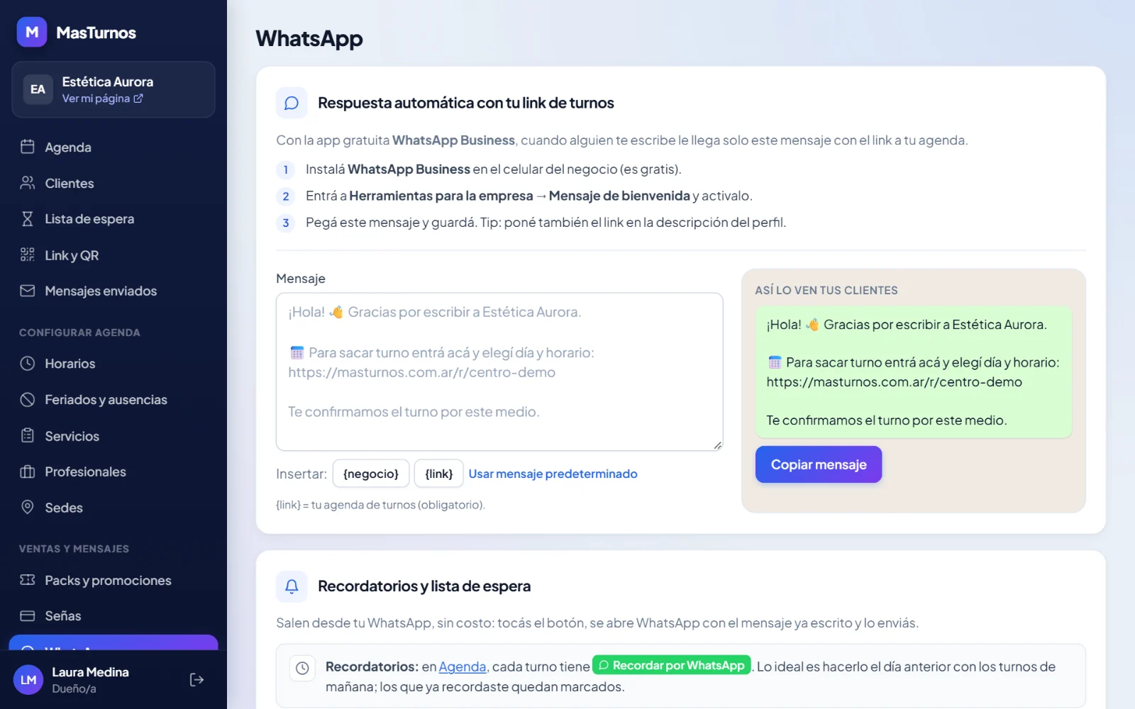 Pantalla de WhatsApp: mensaje de bienvenida con el link de turnos y vista previa de cómo lo ven los clientes